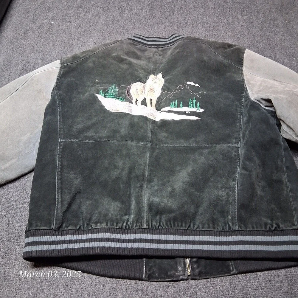 ** VTG Guide Gear Leather Stadium Jacket Wold Embroidered Size XXL Black Gray - Picture 10 of 12